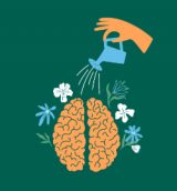 Wellness mind, wellbeing, psychologist help, self care, growth. Human hand watering flowers in brain.