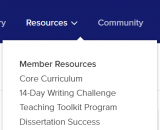 Resources menu with Core Curriculum and Dissertation Success options