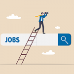 graphic of a search bar with the word jobs and a person climbing a ladder to the top of the search bar
