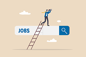 graphic of a search bar with the word jobs and a person climbing a ladder to the top of the search bar