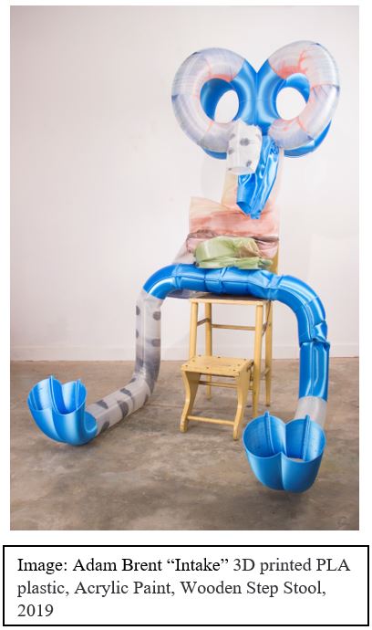Image: Adam Brent “Intake” 3D printed PLA plastic, Acrylic Paint, Wooden Step Stool, 2019