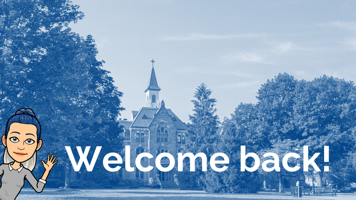 A photo of the Seton Hall campus with the text "Welcome back" and a bitmoji character waving hello.
