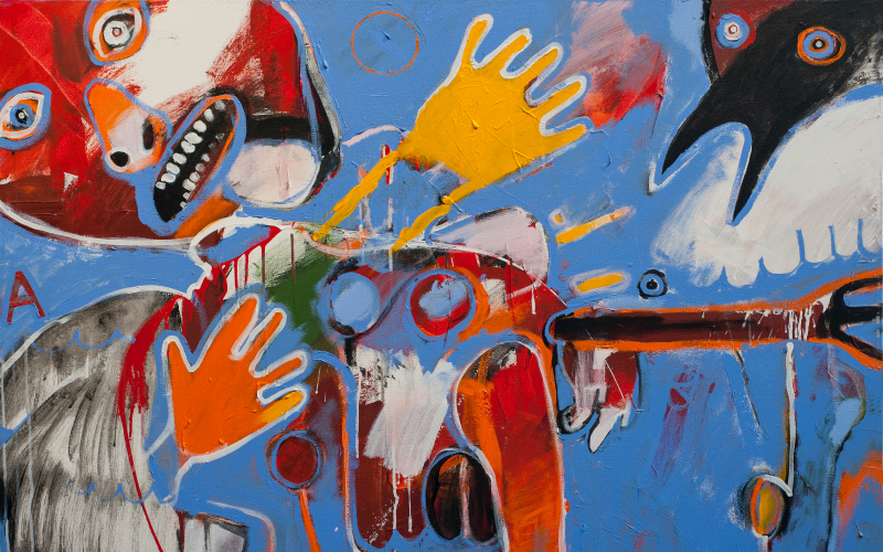 An abstract painting with humanoid and raven-like figures by artist Rick Bartow