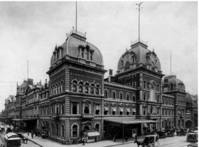 An image of the Grand Central Depot. This image also shows a horse carriage in the front of the building that traveled along the tracks on the ground which was what the NY and Harlem railroad. 