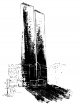 Desmond Smith Preconceived Towers: In 1966, the year the towers started to be built, Desmond Smith wrote an article and included a drawing of what New Yorkers should expect the twin towers to look like. This is a historical photo of a preconceived idea. 