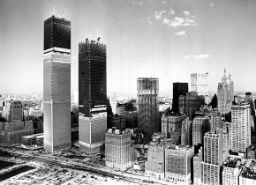 The North and South Tower in their final years of construction. The North Tower was always ahead of its twin, which would also be built 6 feet shorter than its older sibling. 