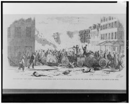 A drawing of the Dead Rabbit barricade on Bayard Street during the fight between the Dead Rabbits and the Bowery Boys. 